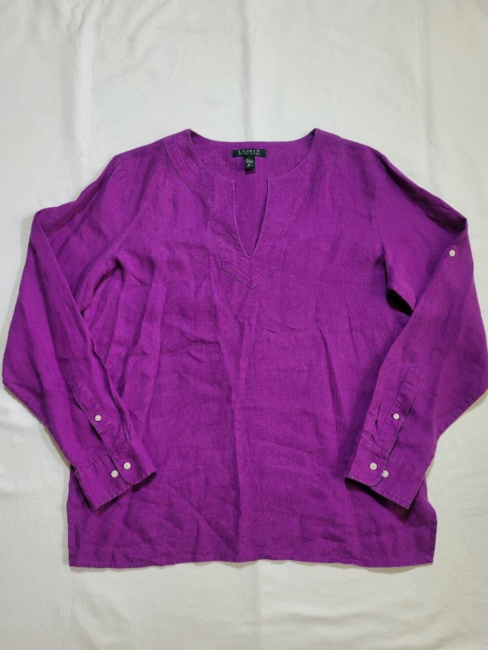 Lauren Ralph Lauren Purple 100% Linen V Neck Roll Tab Sleeve Top Large Preppy - Picture 2 of 9